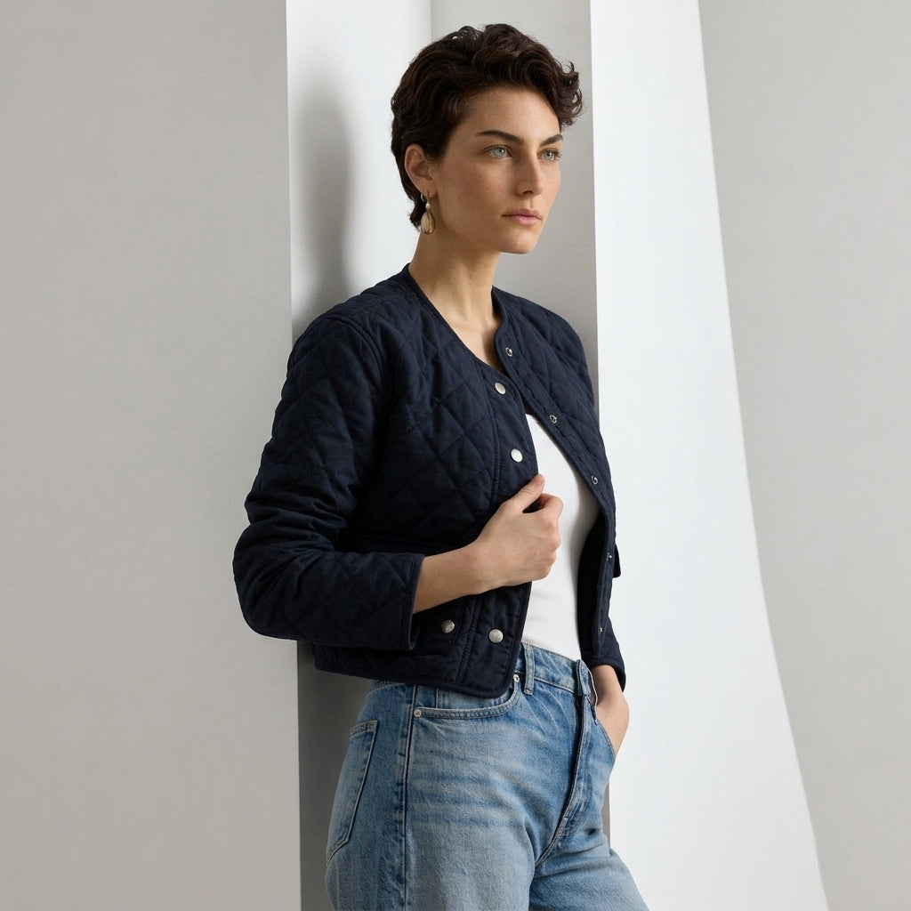 A woman wearing a dark navy quilted cropped jacket over a white top and blue jeans, posing against a minimalist white architectural background.