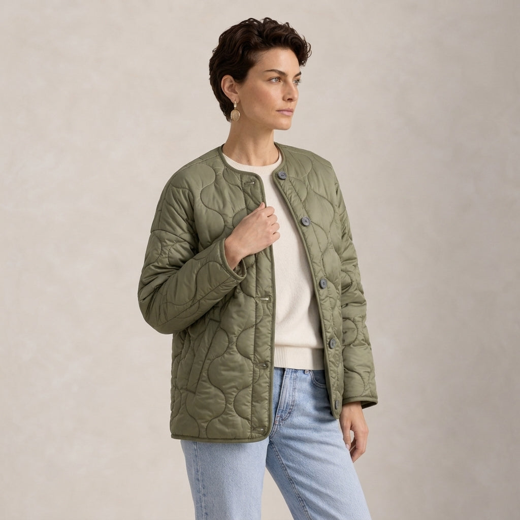 A woman wearing an olive green Satin Quilted Jacket over a cream sweater and light blue jeans, standing against a textured beige studio background.