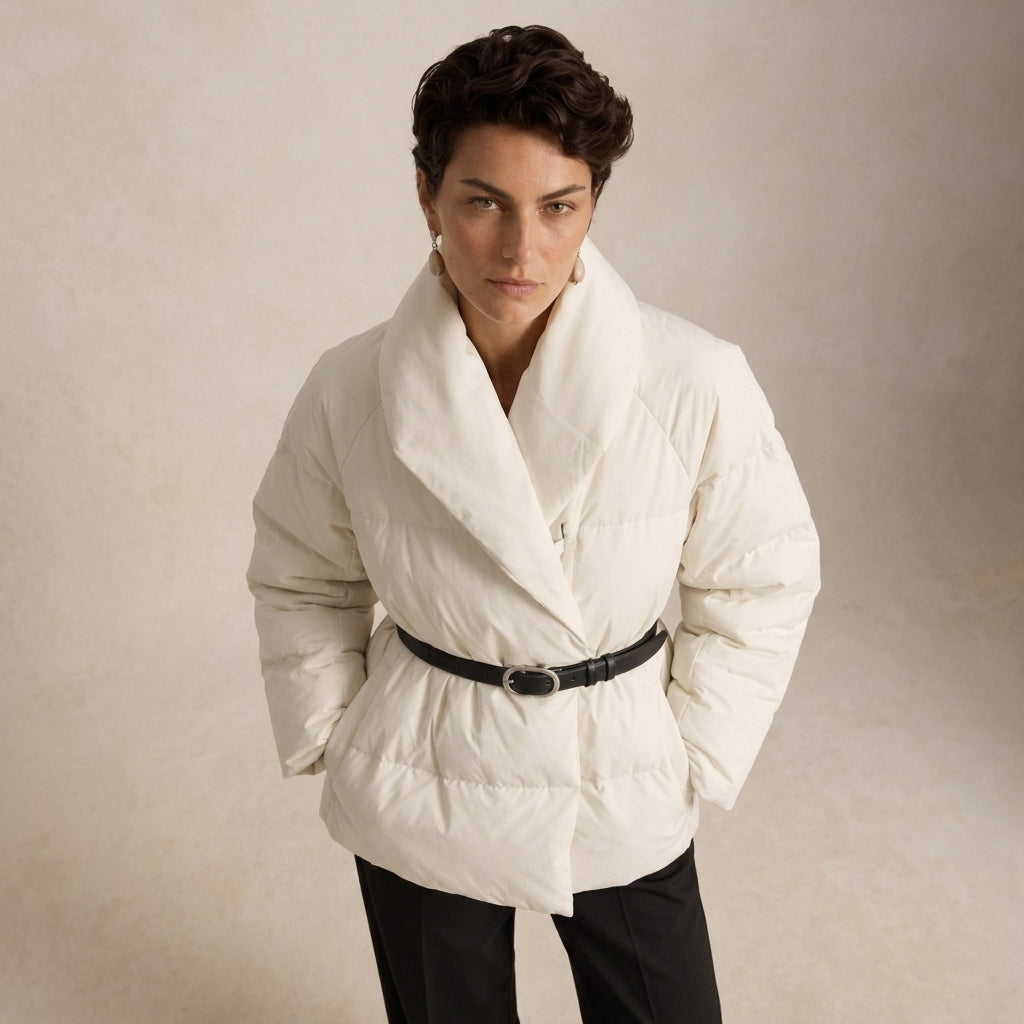 A model wearing a puffer jacket with a wide shawl collar and a black belt, paired with black trousers, set against a neutral beige background.