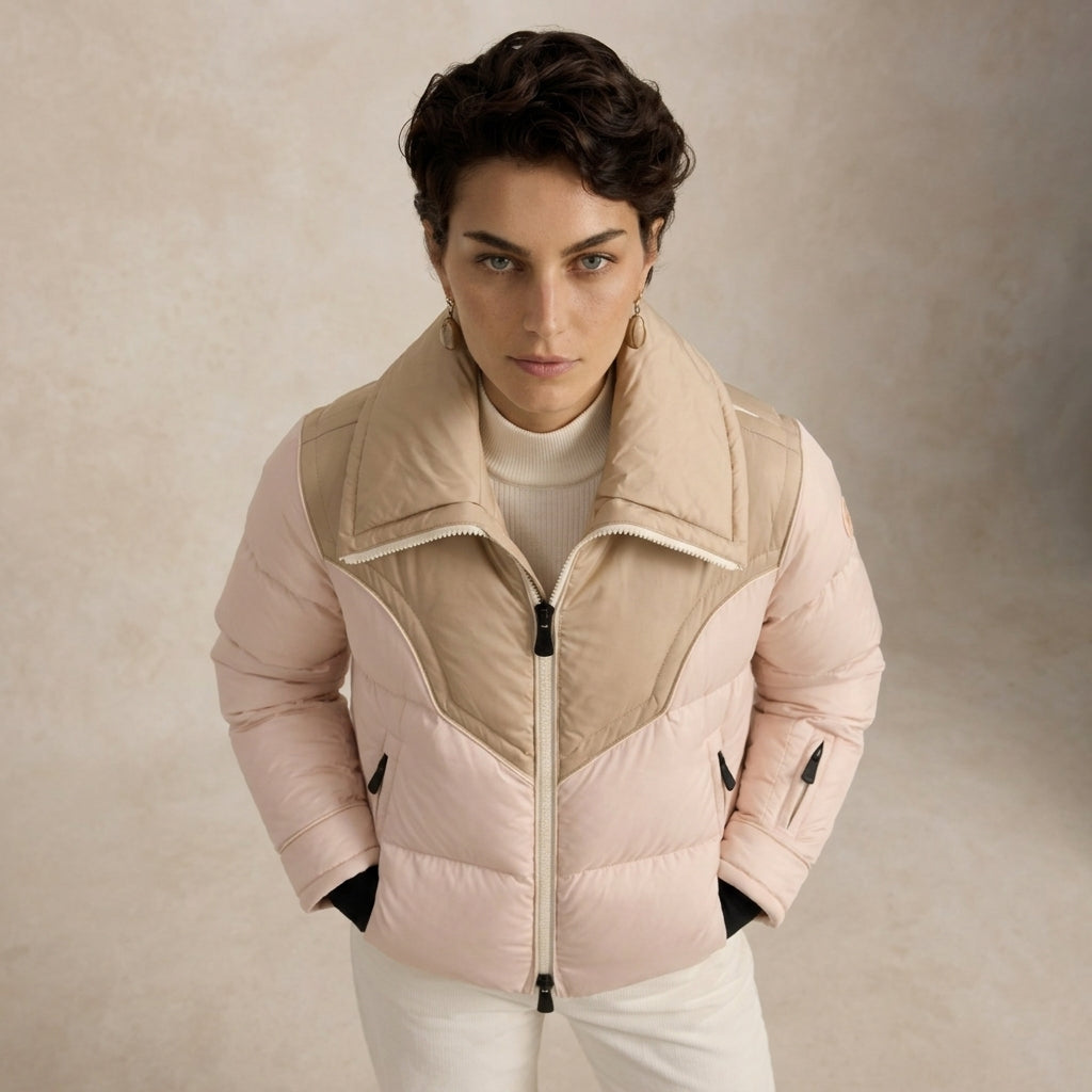 a woman wearing Quilted Ski Jacket with white pants