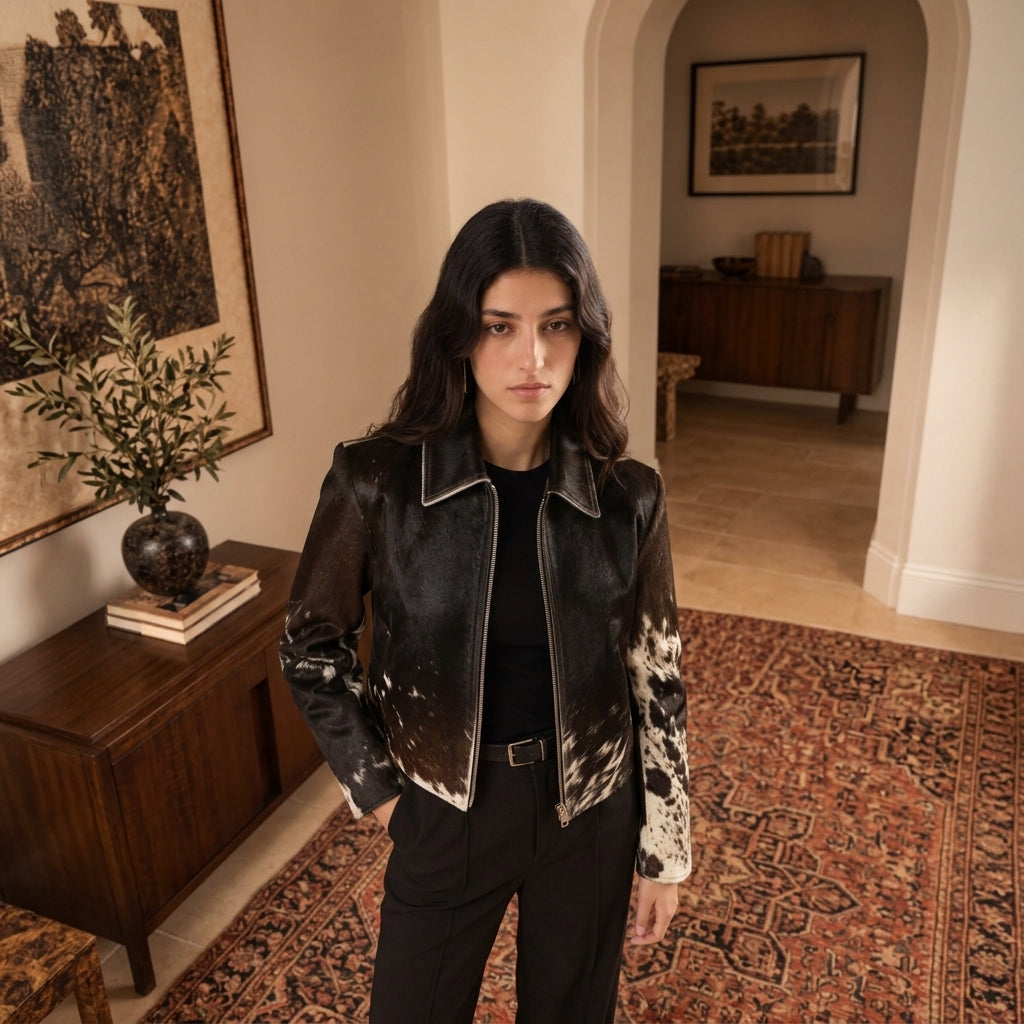 A woman stands in a warm, traditional interior wearing a Cowhide Biker Jacket. She is dressed in a black top and black trousers, set against a background featuring a patterned rug, wooden furniture, and framed art.