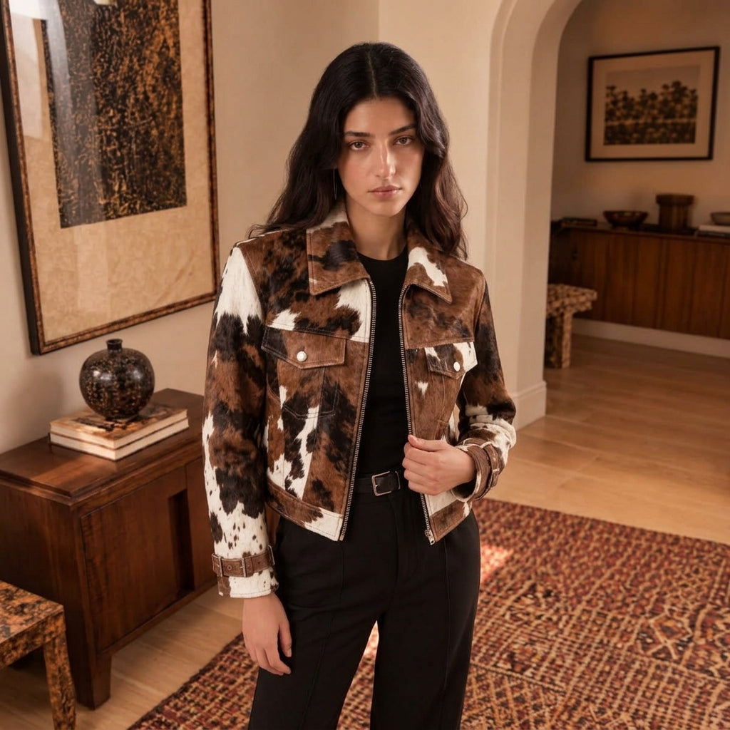 A woman wearing a cropped Cowhide Trucker Jacket with brown, black, and white patches, styled with a black top and black pants in a warm, rustic interior room.
