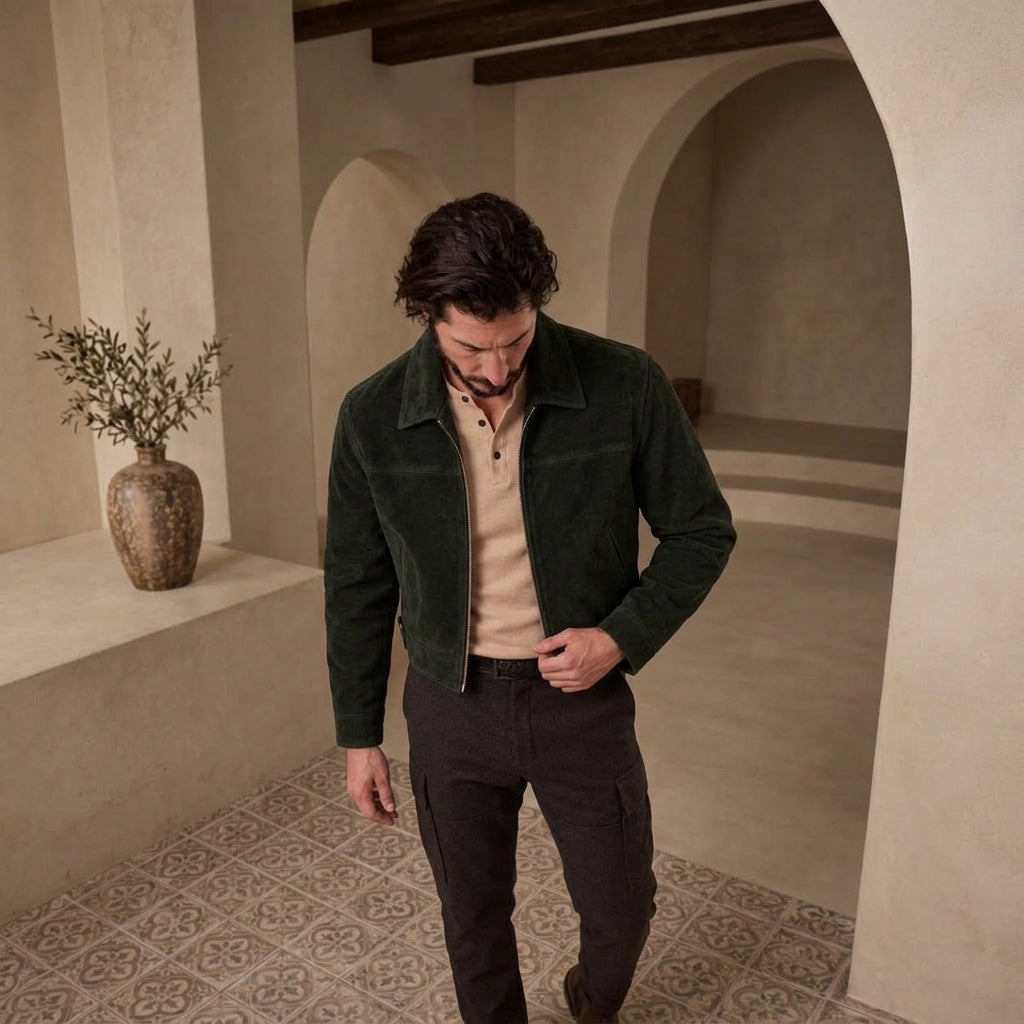 A man wearing a dark green suede jacket over a beige polo shirt and dark pants, walking through a rustic, warm-toned interior with arches and tiled floors.