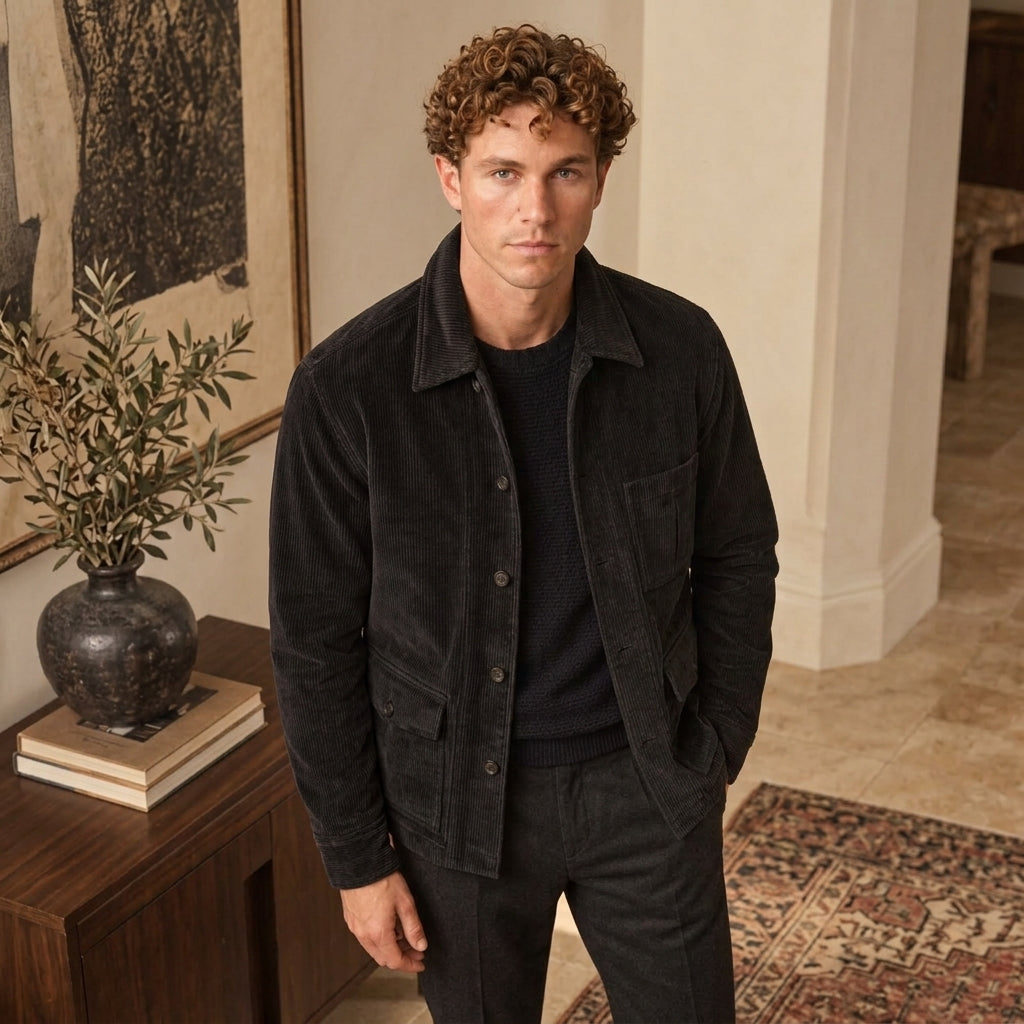 A man wearing a Black Corduroy Jacket Mens over a black sweater and dark trousers, standing in a warm, neutral-toned indoor room with a wooden side table, vase, and rug.