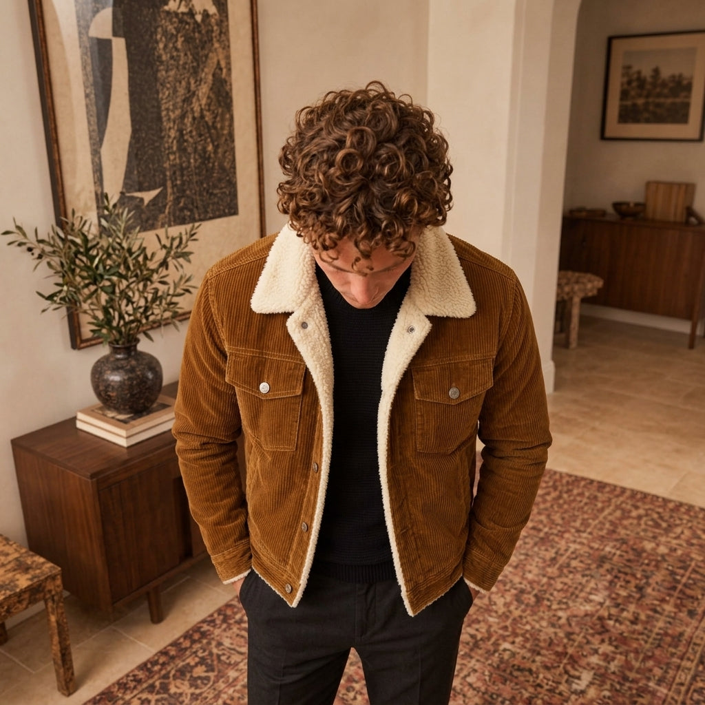 A man wearing a brown corduroy jacket with a cream sherpa collar, standing in a warm, modern interior room.