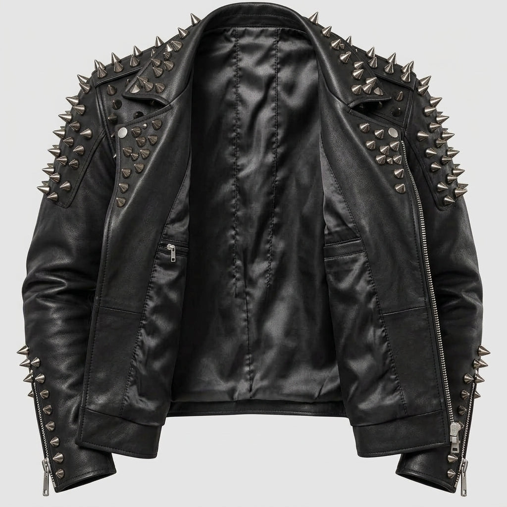 A black Punk Biker Jacket, shown against a light gray background.