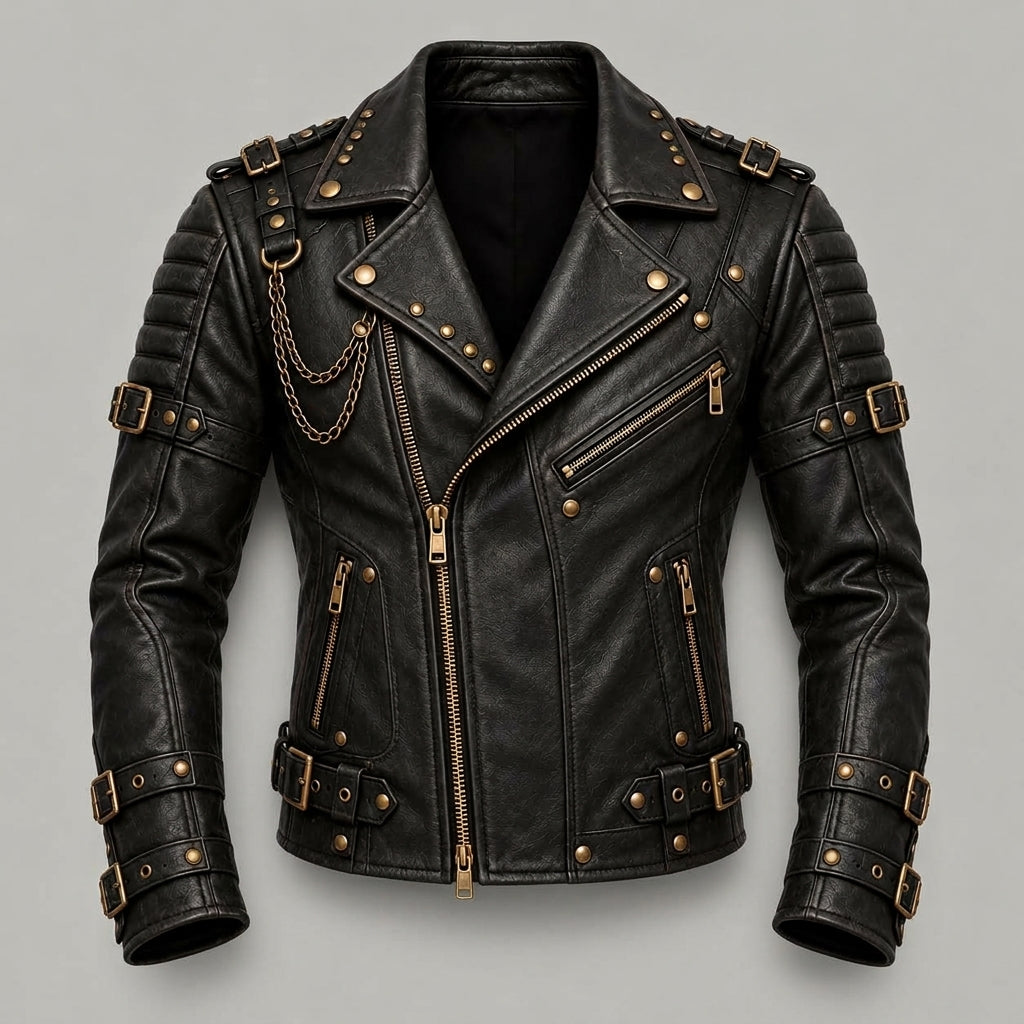 Steampunk Leather Jacket with bronze hardware, studded details, and multiple zippered pockets, displayed on a neutral gray background.
