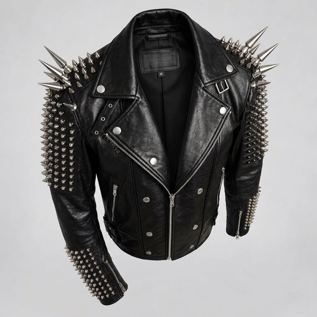 Black leather motorcycle jacket with prominent silver metal spikes on the shoulders and sleeves, silver snap buttons, and a front zipper, shown against a light gray background.