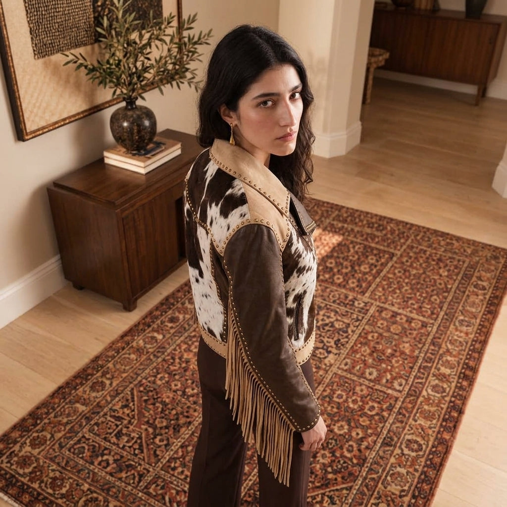 a woman wearing western cowhide jacket