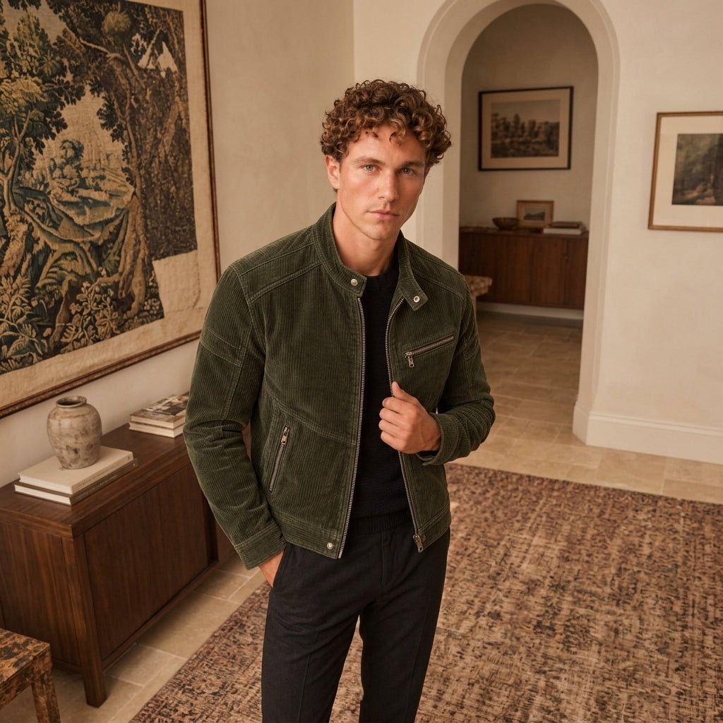 A man wearing an olive green corduroy jacket over a black shirt and black pants, standing in a warm, vintage-style room with a large tapestry, wooden furniture, and a patterned rug.