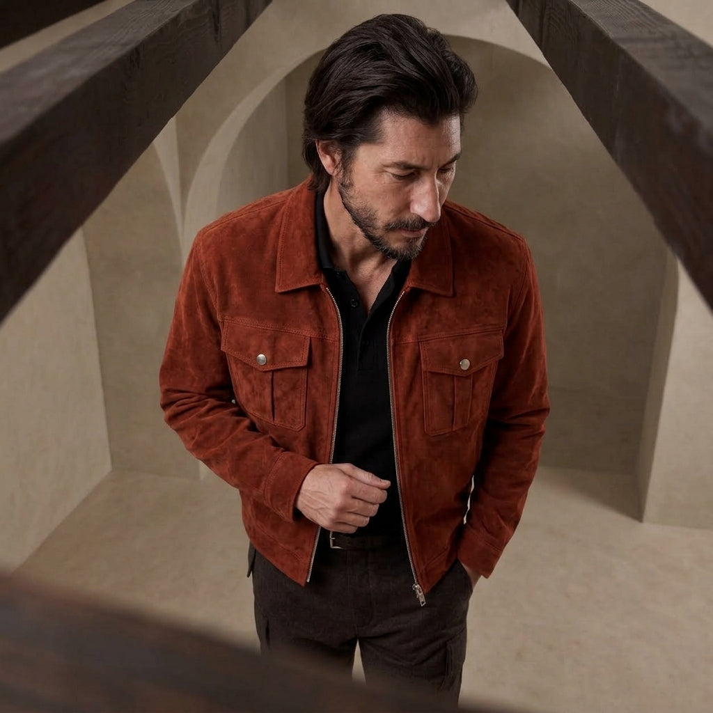 A man wearing a rust-brown suede jacket over a black shirt and dark trousers, standing in a stone archway setting.