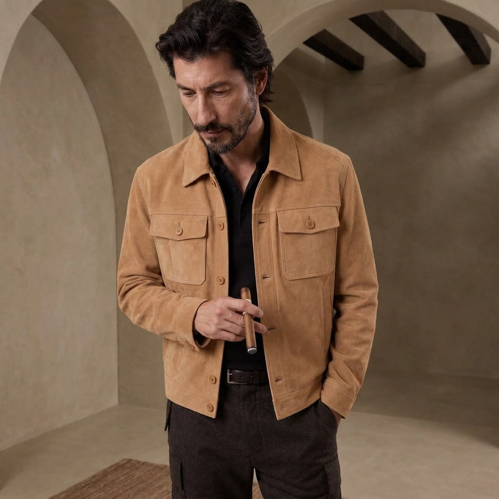 A man wearing a tan suede jacket over a black shirt and dark trousers, standing in a rustic beige stone archway setting and holding a cigar.