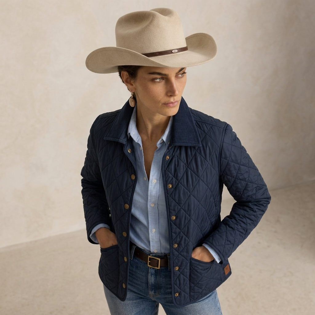 A woman wearing a navy blue quilted jacket, a light blue button-up shirt, blue jeans, a beige cowboy hat, and a brown belt, standing against a textured beige wall.