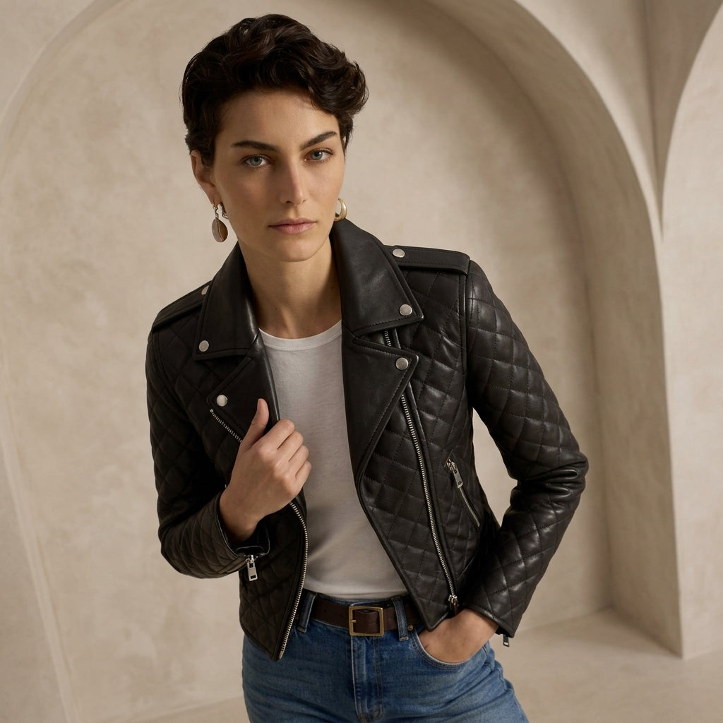 Quilted Moto Jacket for Women in Black Leather