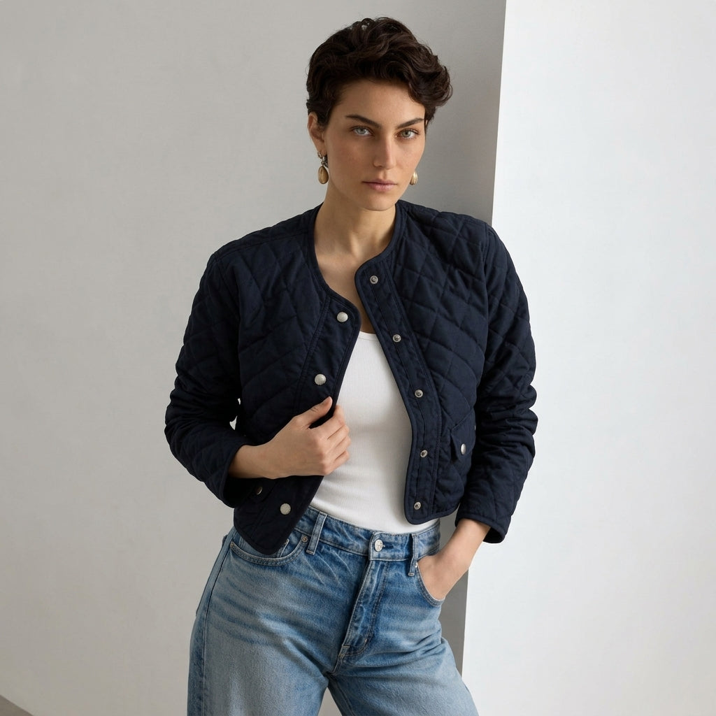 A woman modeling a dark navy blue quilted jacket with silver buttons, worn over a white tank top and blue jeans, standing against a minimalist off-white wall.