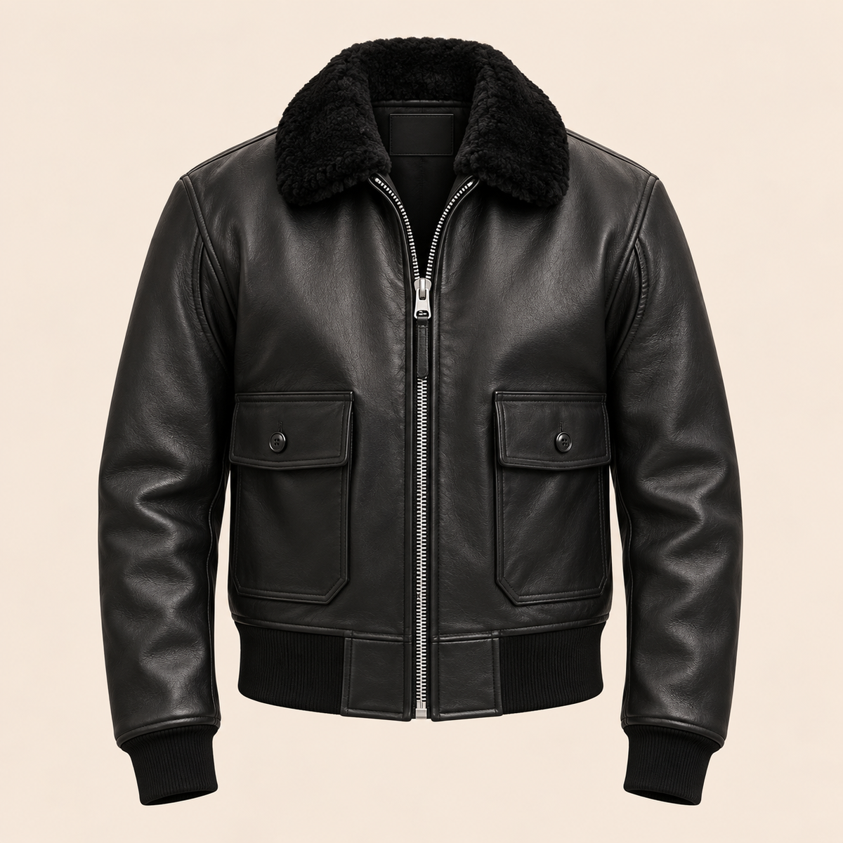 A Big and Tall Leather Bomber Jacket with a plush black shearling-style collar, front zipper, and two buttoned flap pockets, shown on a plain light beige background.