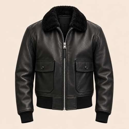 A Big and Tall Leather Bomber Jacket with a plush black shearling-style collar, front zipper, and two buttoned flap pockets, shown on a plain light beige background.