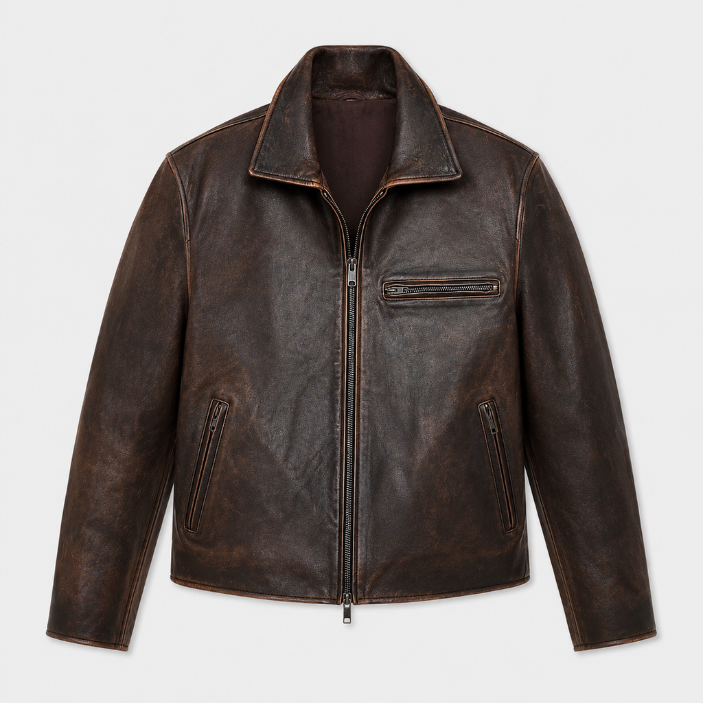 A dark brown distressed leather jacket with a front zipper, zippered chest pocket, and zippered side pockets, shown against a light gray background.