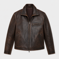 A dark brown distressed leather jacket with a front zipper, zippered chest pocket, and zippered side pockets, shown against a light gray background.