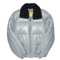 A grey leather bomber jacket with a black fur collar, featuring a front zipper, horizontal quilted baffles, elasticized cuffs, and small yellow brand tags.