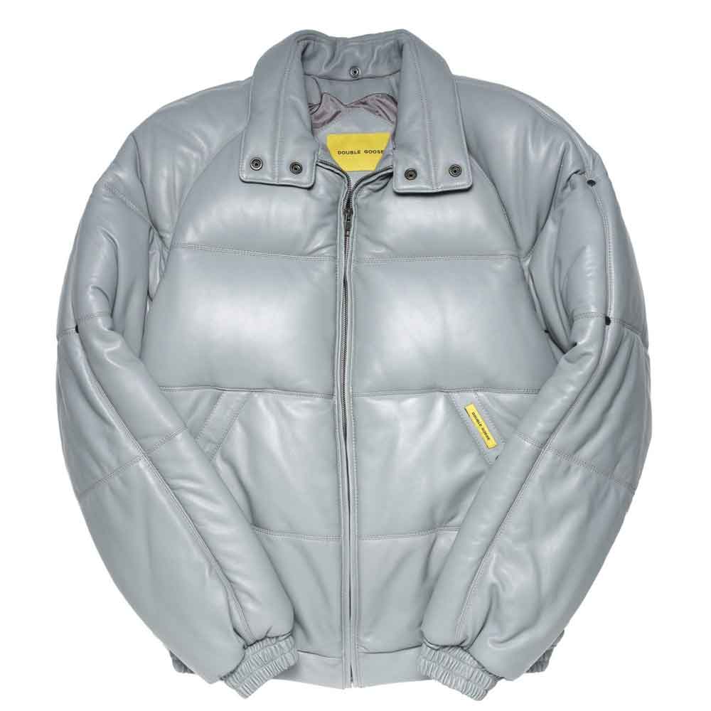 A light gray leather v bomber jacket with a stand-up collar, front zipper, and elasticized cuffs and hem, shown flat against a white background.