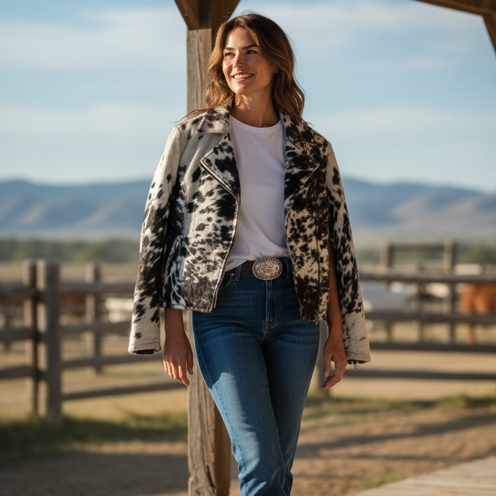 A woman wearing a cowhide moto jacket, blue jeans, and a white t-shirt stands outdoors in a rustic western-style setting with a wooden fence and mountains in the background.