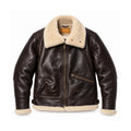 A dark brown Men's B3 Shearling Jacket with a thick cream-colored shearling lining on the collar, cuffs, and hem, displayed against a solid white background.