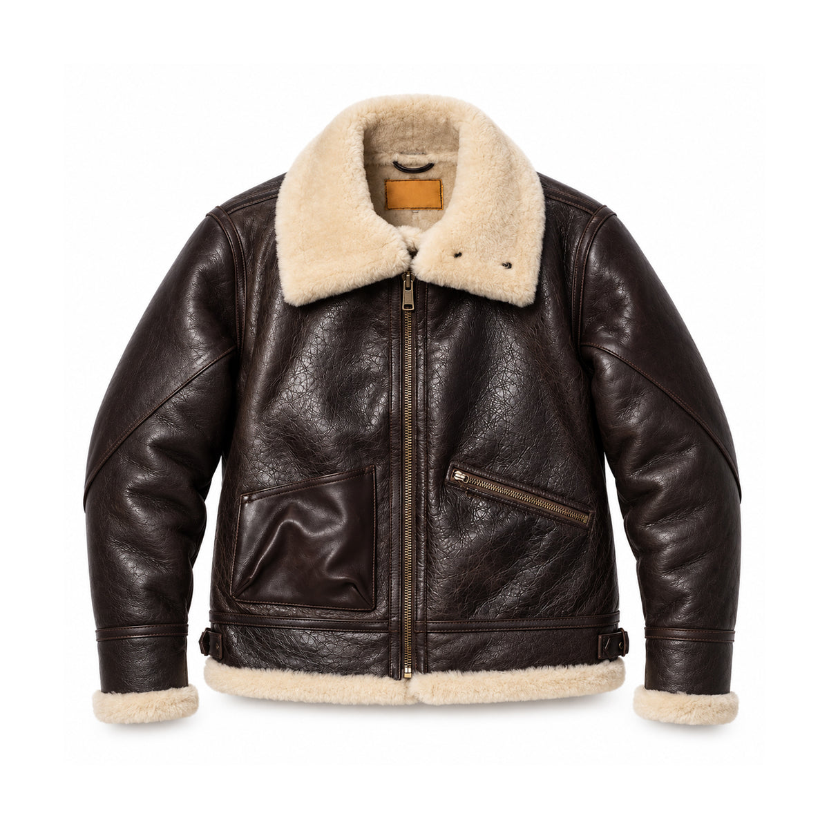 A dark brown Men's B3 Shearling Jacket with a thick cream-colored shearling lining on the collar, cuffs, and hem, displayed against a solid white background.
