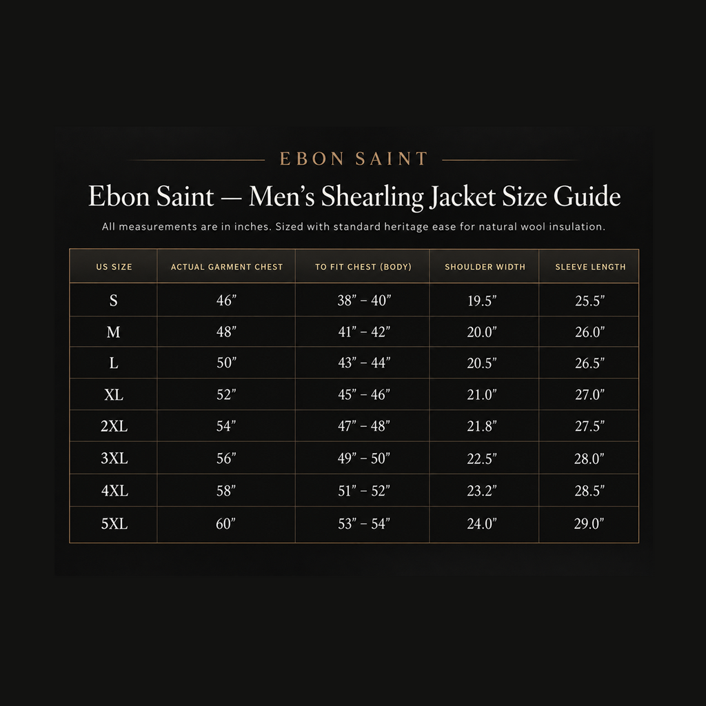 A size guide table for Ebon Saint Men's Shearling Jacket, showing garment sizes S through 5XL with measurements in inches for actual garment chest, to fit chest in body, shoulder width, and sleeve length on a black background.