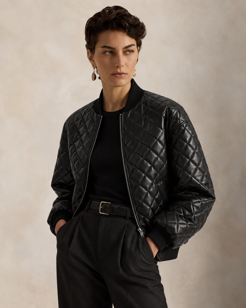 A model wearing a Black Quilted Leather Jacket over a black top and black trousers, standing against a textured beige studio background.