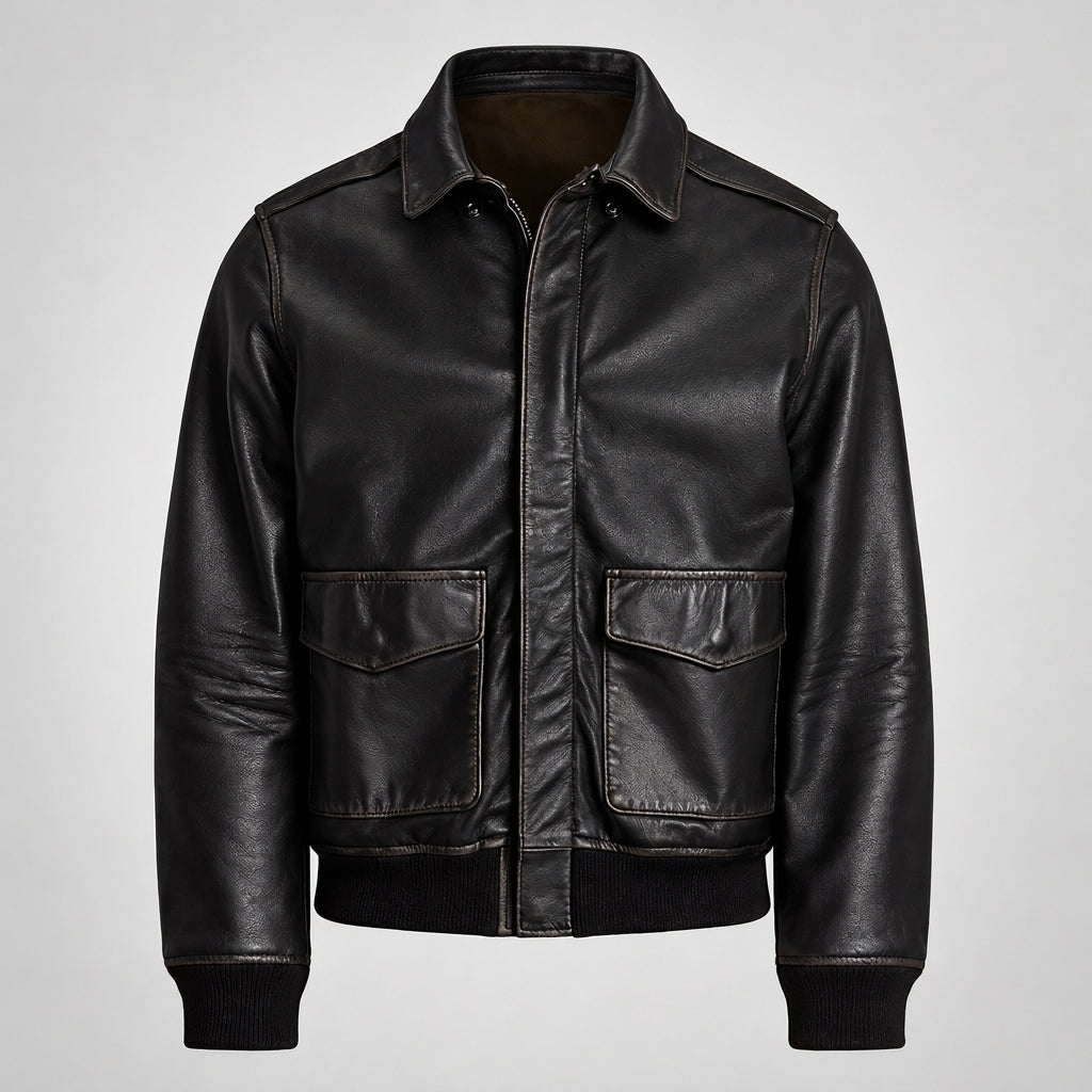 A Leather Flight Bomber Jacket with a pointed collar, front zipper, and two large flap pockets, shown on a light gray background.
