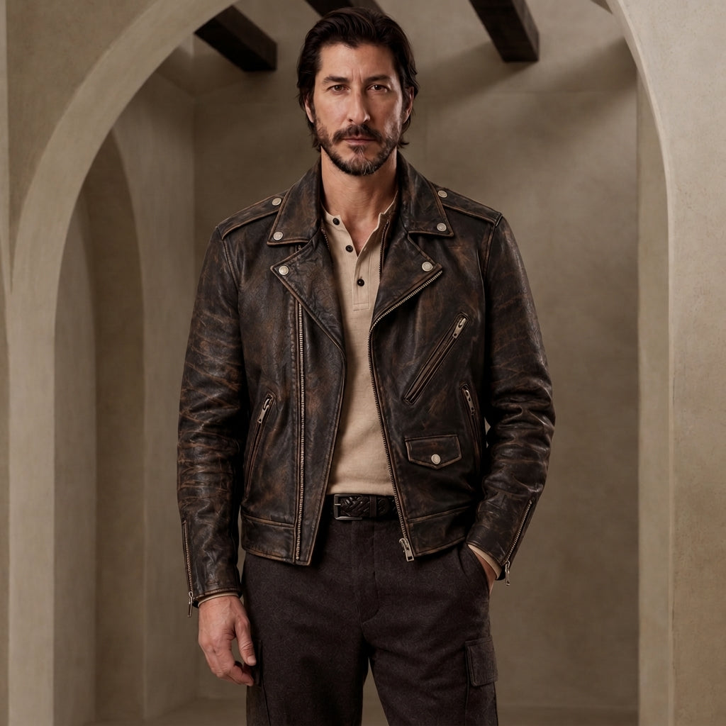 A man wearing a distressed dark brown leather moto jacket over a beige henley shirt and dark trousers, standing in a stone archway setting.