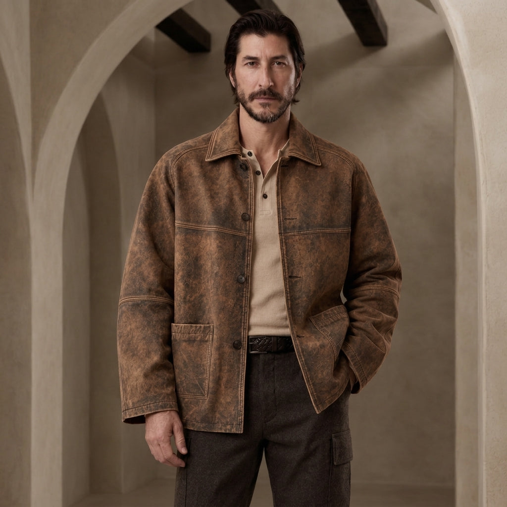 A man wearing a distressed brown canvas utility jacket over a beige shirt and dark trousers, standing in a stone archway corridor.