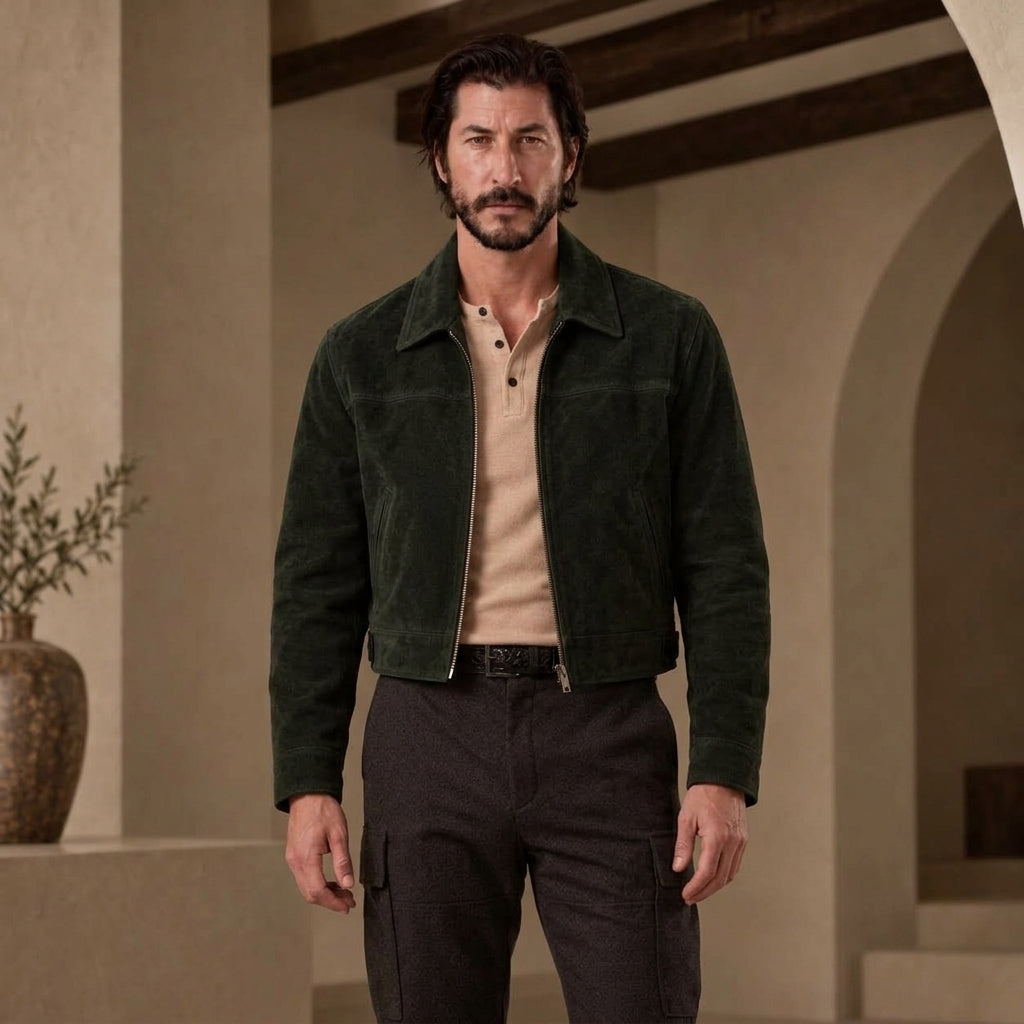 A man wearing a dark green suede jacket over a beige henley shirt and dark gray cargo pants, standing in a warm, rustic interior with arches and wooden beams.