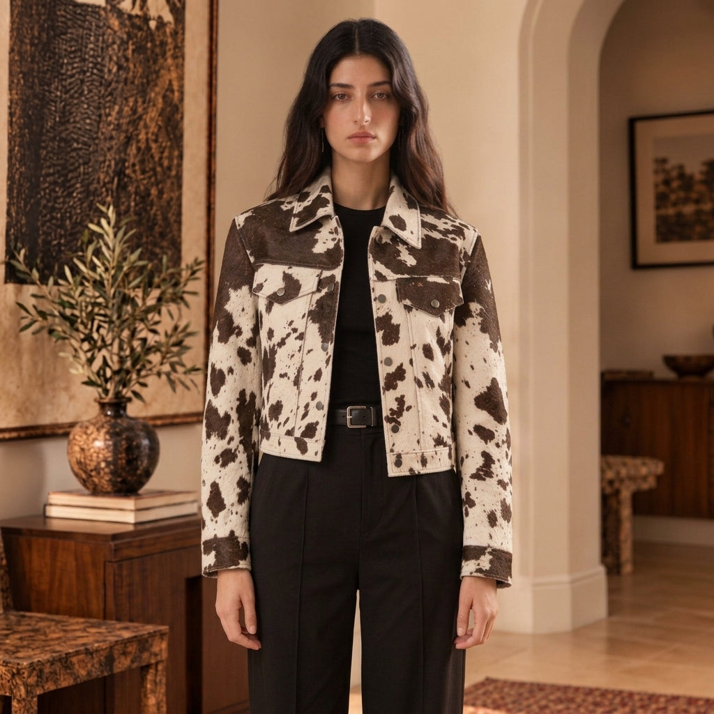 A woman stands in a warmly lit interior wearing a cropped cowhide jacket with a brown and cream cow-print pattern over a black top and black trousers.