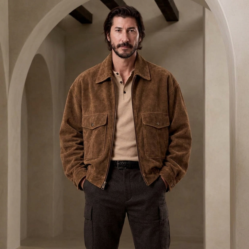 front view of a model wearing brown Oversized Suede Jacket