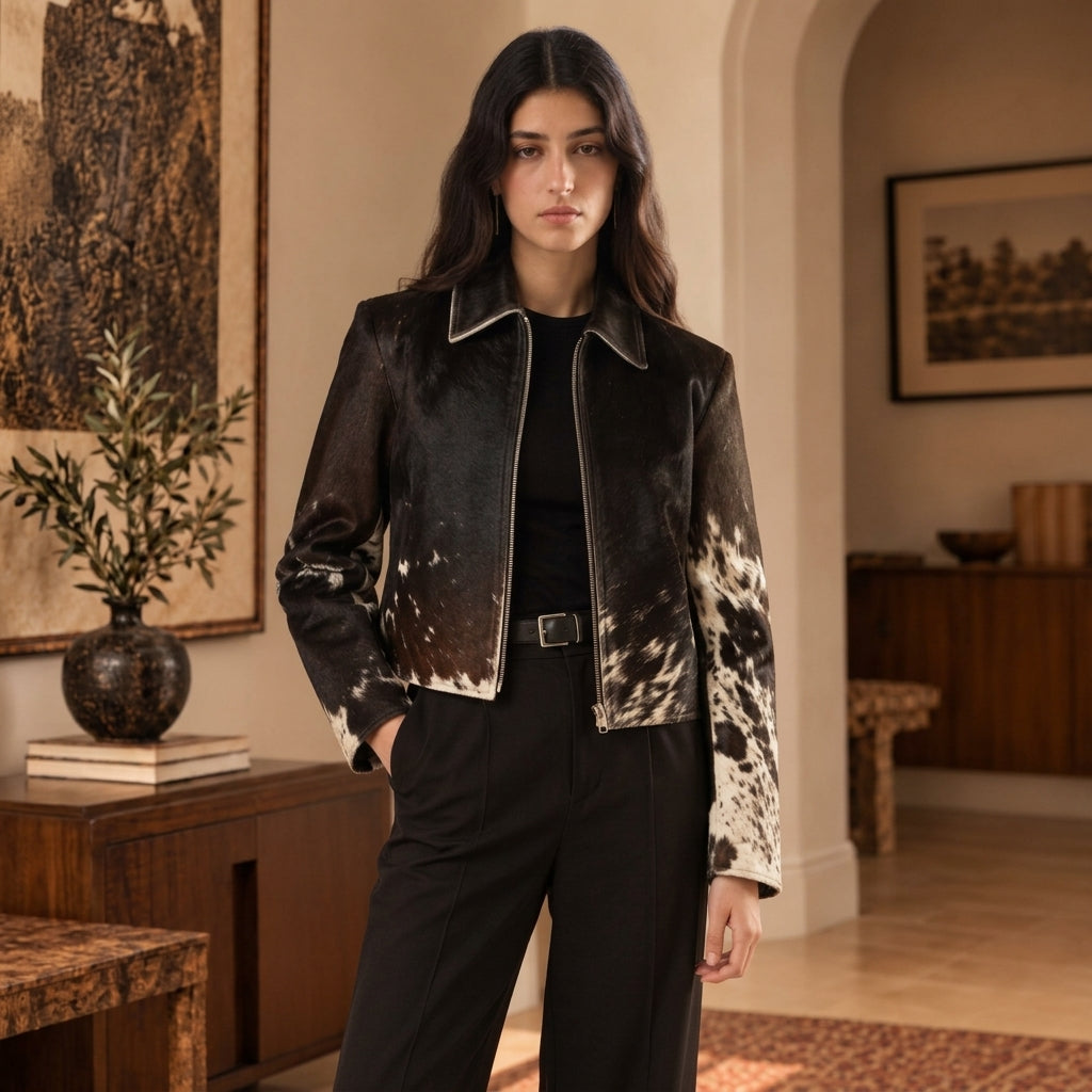 A woman stands indoors wearing a cropped Cowhide Biker Jacket with a mottled cowhide-style pattern in black and off-white on the sleeves and lower body, paired with a black top and black wide-leg trousers. The setting is a warm, rustic interior with wood furniture and framed wall art.