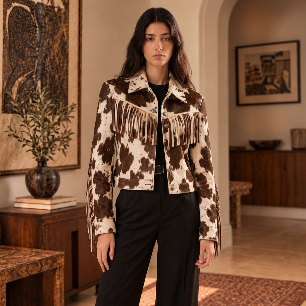 A woman stands indoors wearing a cropped fringe jacket with a brown and cream cow-print pattern over a black outfit. The room has warm neutral walls, framed artwork, a wooden sideboard, and a rug.