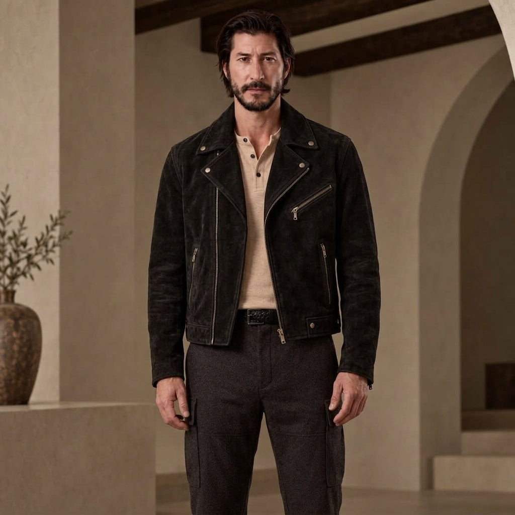 front view of a model wearing Black Suede Leather Jacket with zipper closure