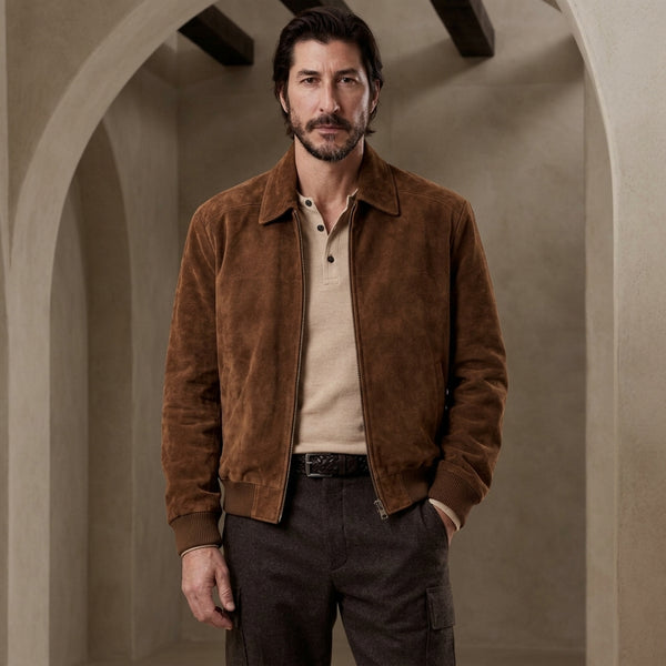 a model wearing Suede Leather Bomber Jacket