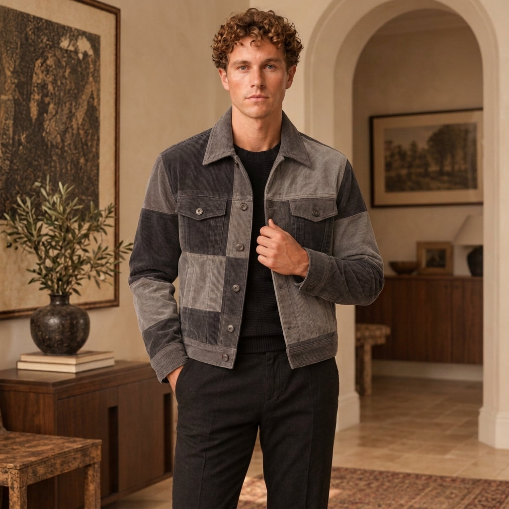 A man wearing a dark gray and black patchwork corduroy jacket over a black shirt and black pants, standing in a warm, rustic interior room with arches and framed art.