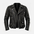 A black leather biker jacket heavily embellished with silver-toned metal spikes and studs, shown against a plain light gray background.
