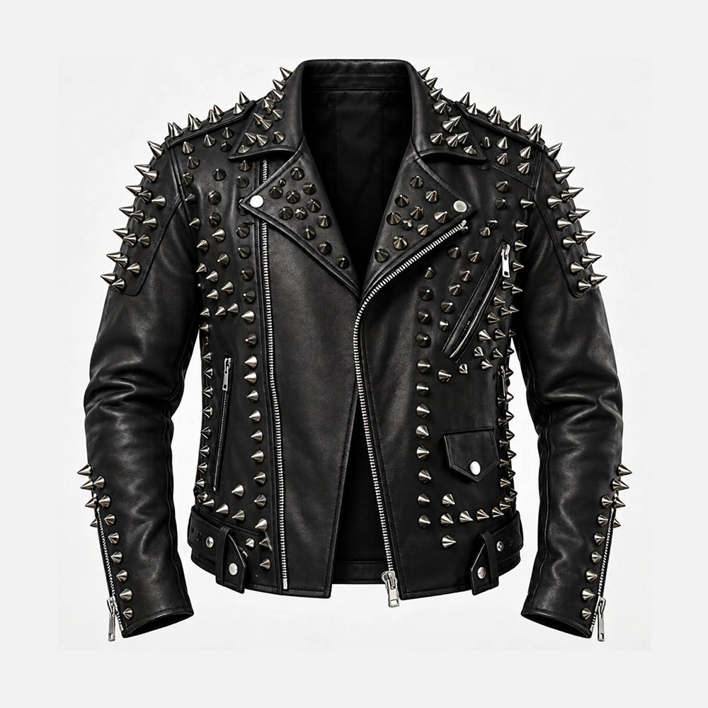 A black leather biker jacket heavily embellished with silver-toned metal spikes and studs, shown against a plain light gray background.