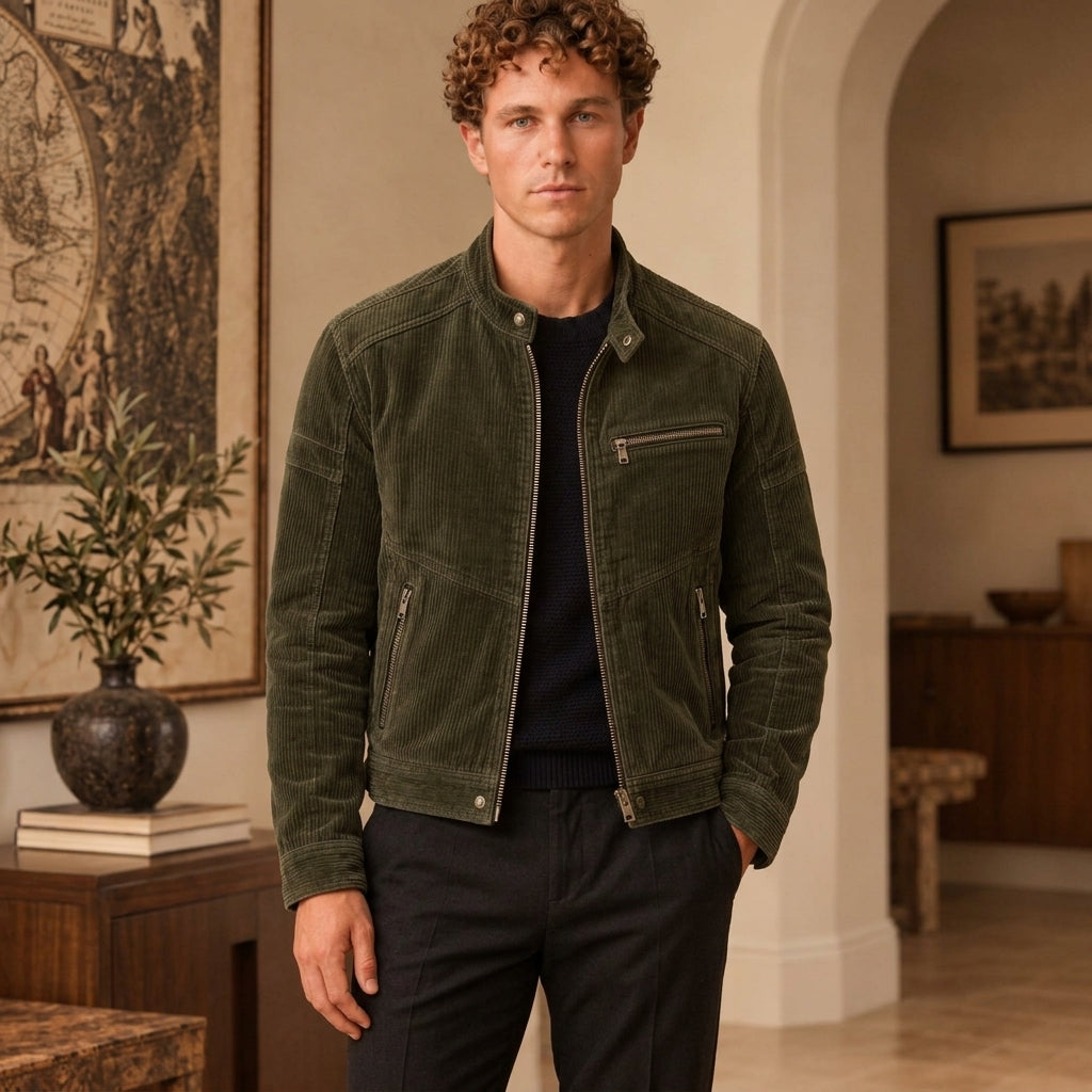 A man wearing an olive green corduroy jacket over a black shirt and black pants, standing in a warm, elegant interior room with arches and framed art.