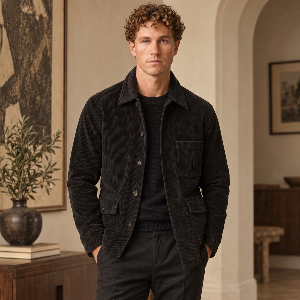 A man wearing a black corduroy button-up overshirt over a black sweater and dark trousers, standing in a warm, neutral-toned indoor room with framed art and a potted plant.