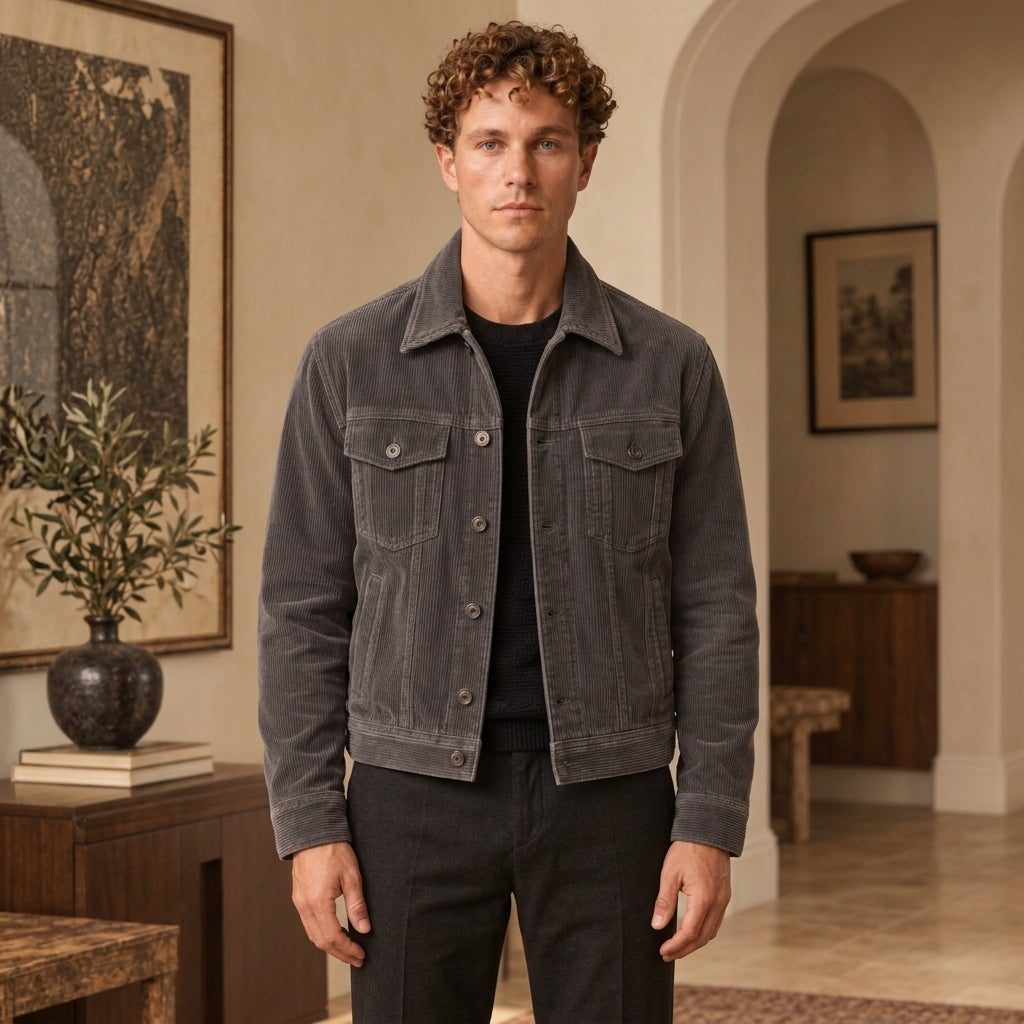 A man wearing a dark charcoal gray corduroy jacket over a black shirt and black pants, standing in a warm, neutral-toned interior room with arched doorways and framed art.