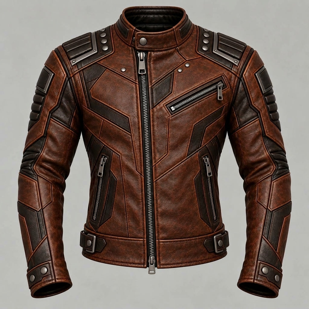 A brown leather motorcycle jacket with black paneling, silver zippers, and metal rivets, shown on a neutral gray background.