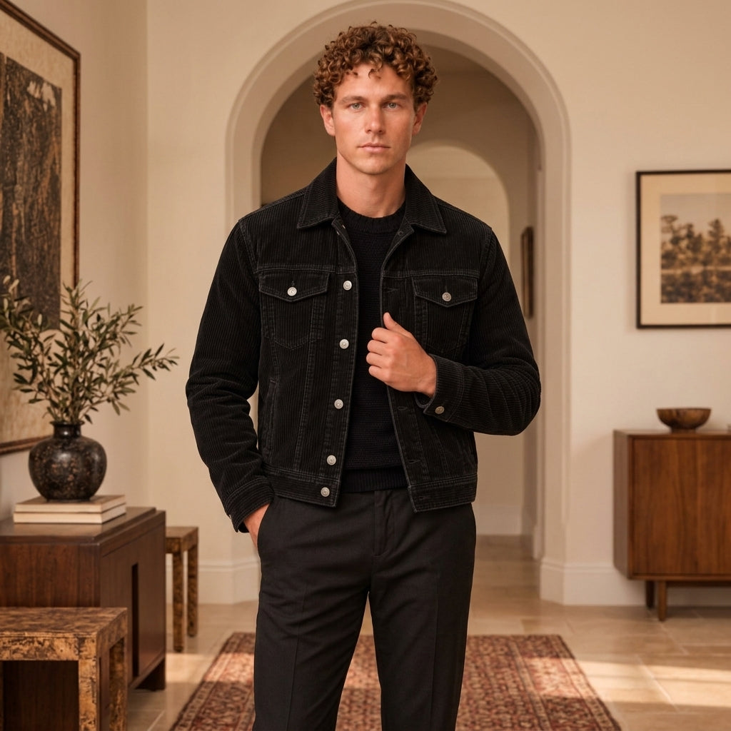 A man wearing a black corduroy jacket over a black shirt and black pants, standing in a warm, neutral-toned interior hallway with arches, framed art, and wooden furniture.