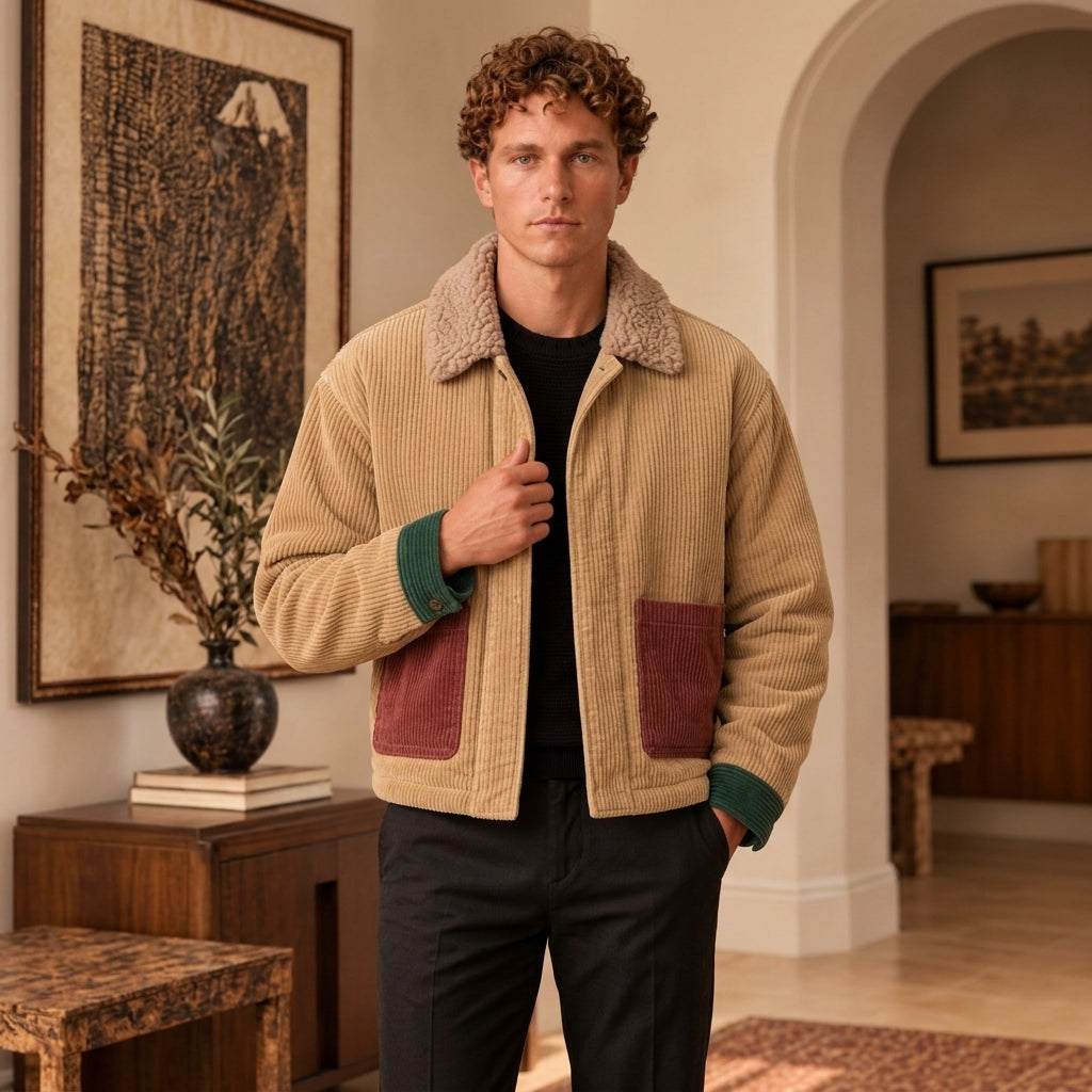 A man wearing a beige ribbed corduroy jacket with a brown sherpa collar, green cuffs, and maroon patch pockets, standing in a warm, rustic indoor setting.