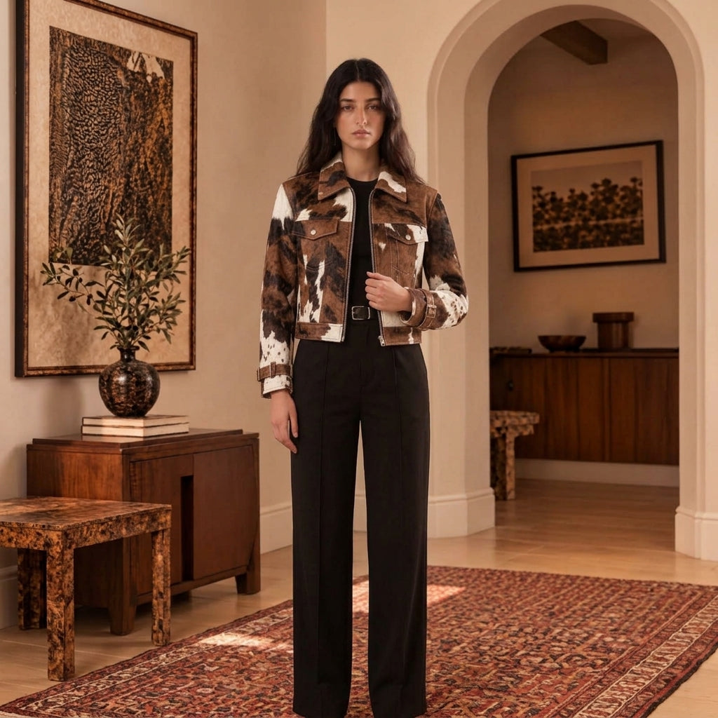 A woman stands in a warm, traditional interior wearing a Cowhide Trucker Jacket with brown, beige, and white patches over a black top and black wide-leg trousers.